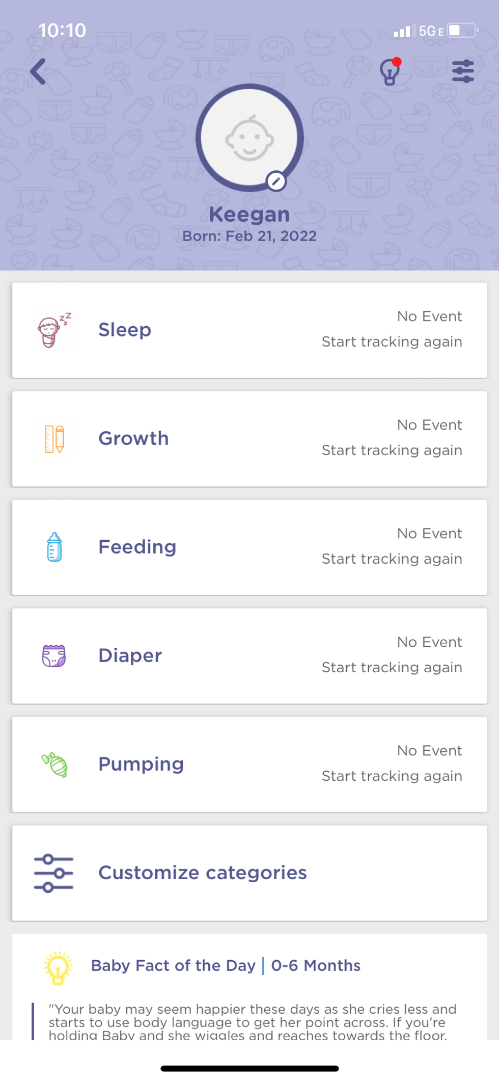 Screenshot of HubbleClub app tracking your infant's well-being