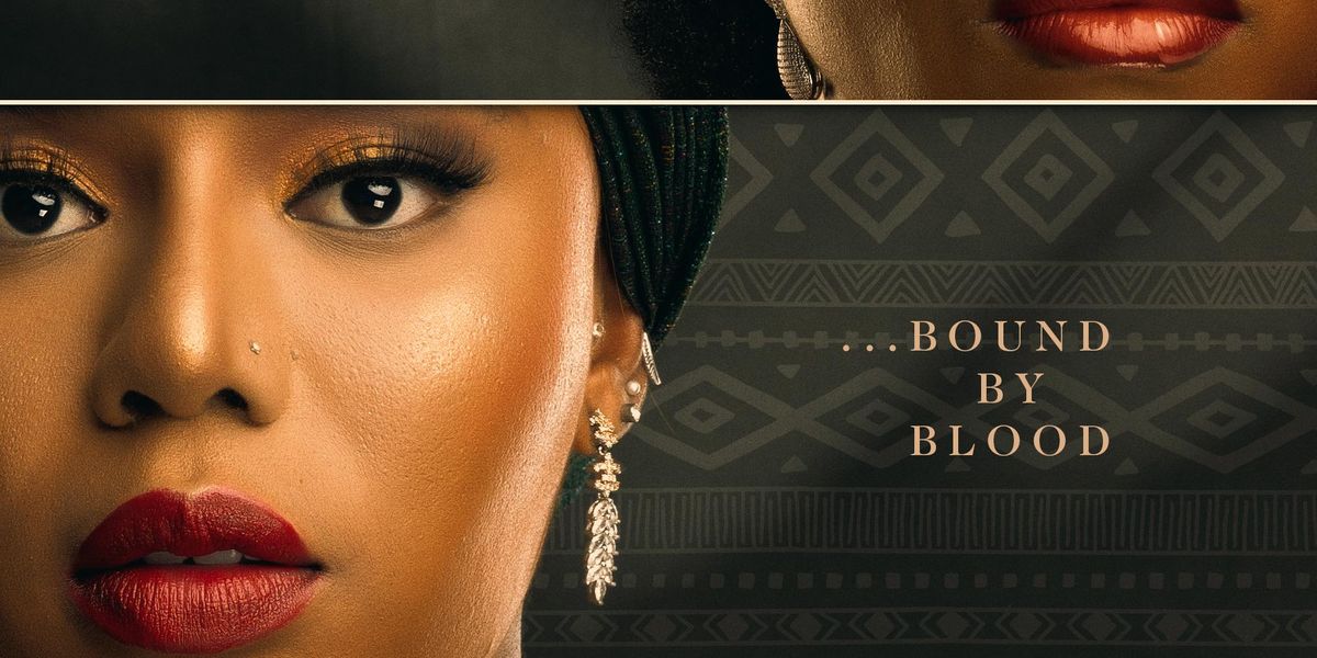 In the top right corner is a Black woman with red lipstick and in the bottom left corner is a different Black woman also in red lipstick. The words next to them say "Friends by choice...bound by blood."