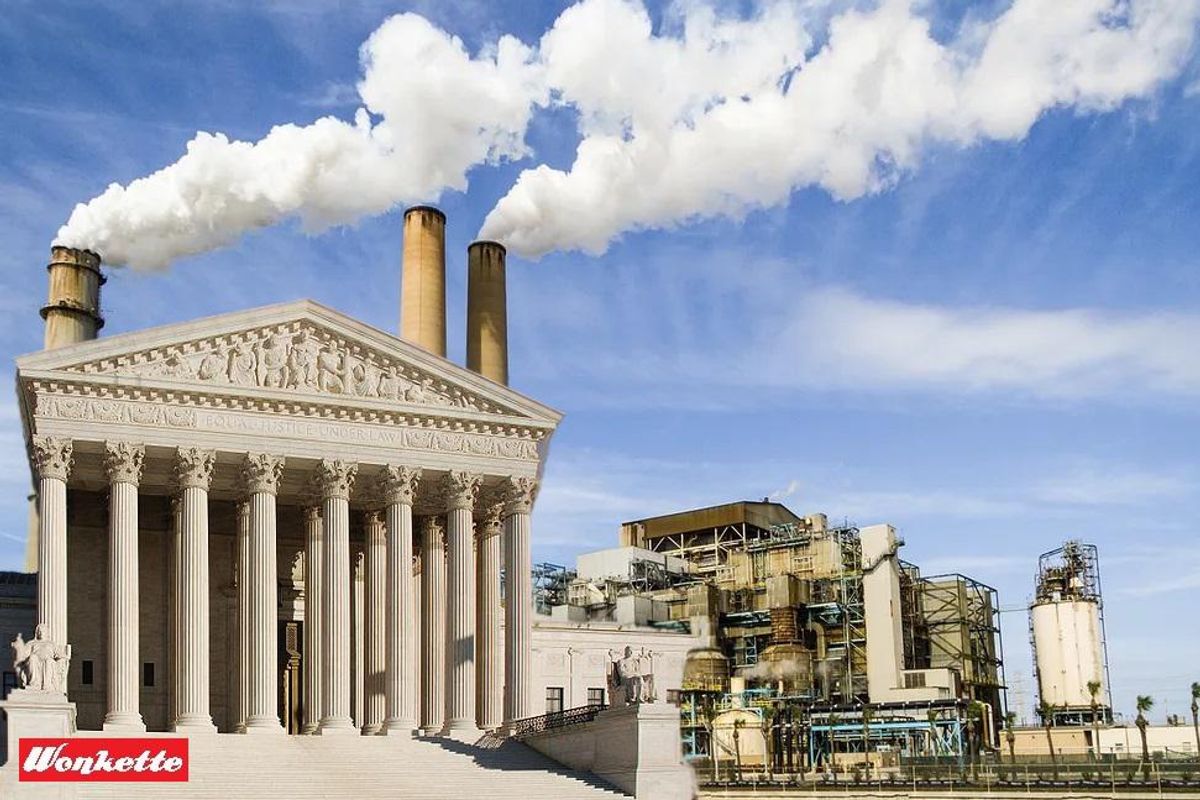 Photoshopped image merging supreme court with a smoke-belching industrial plant