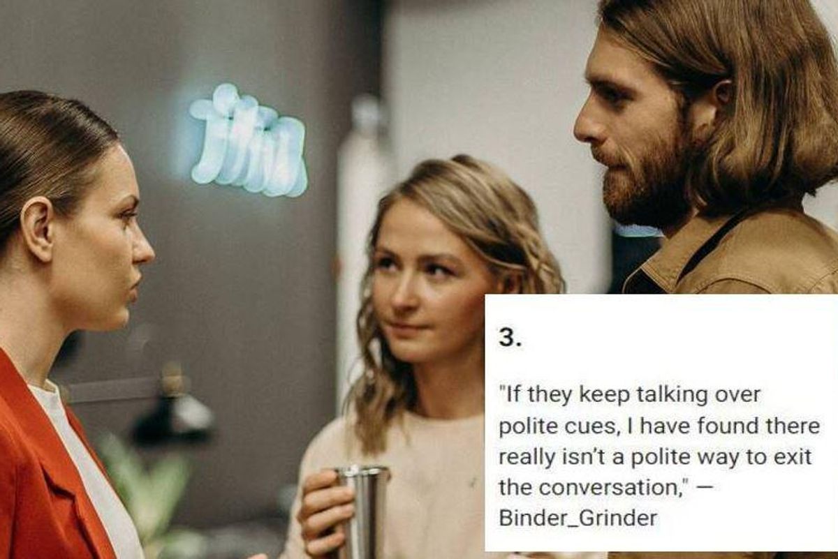 Three people engaged in conversation at a party.
