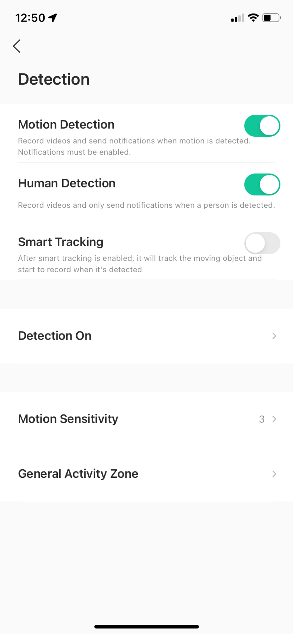 Screenshot of Imou app setting for motion detection