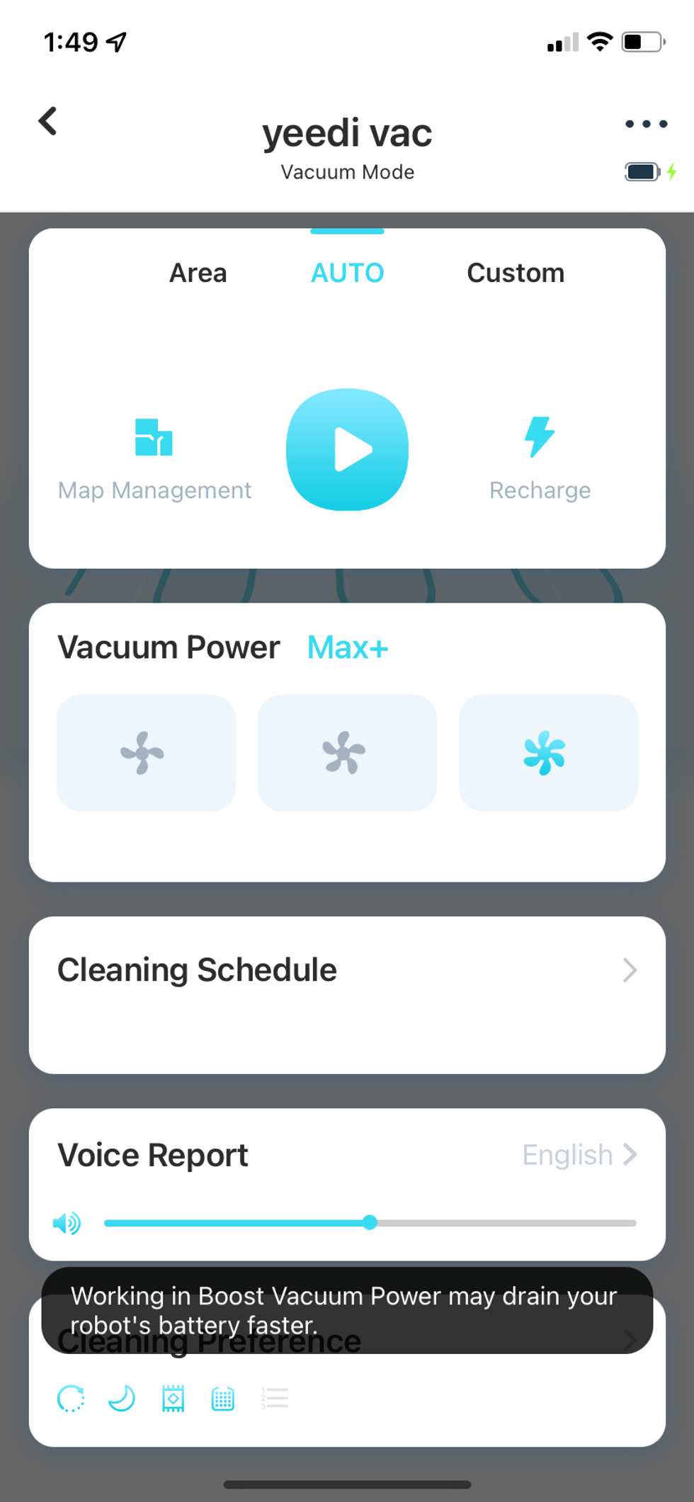 yeedi app showing cleaning schedules
