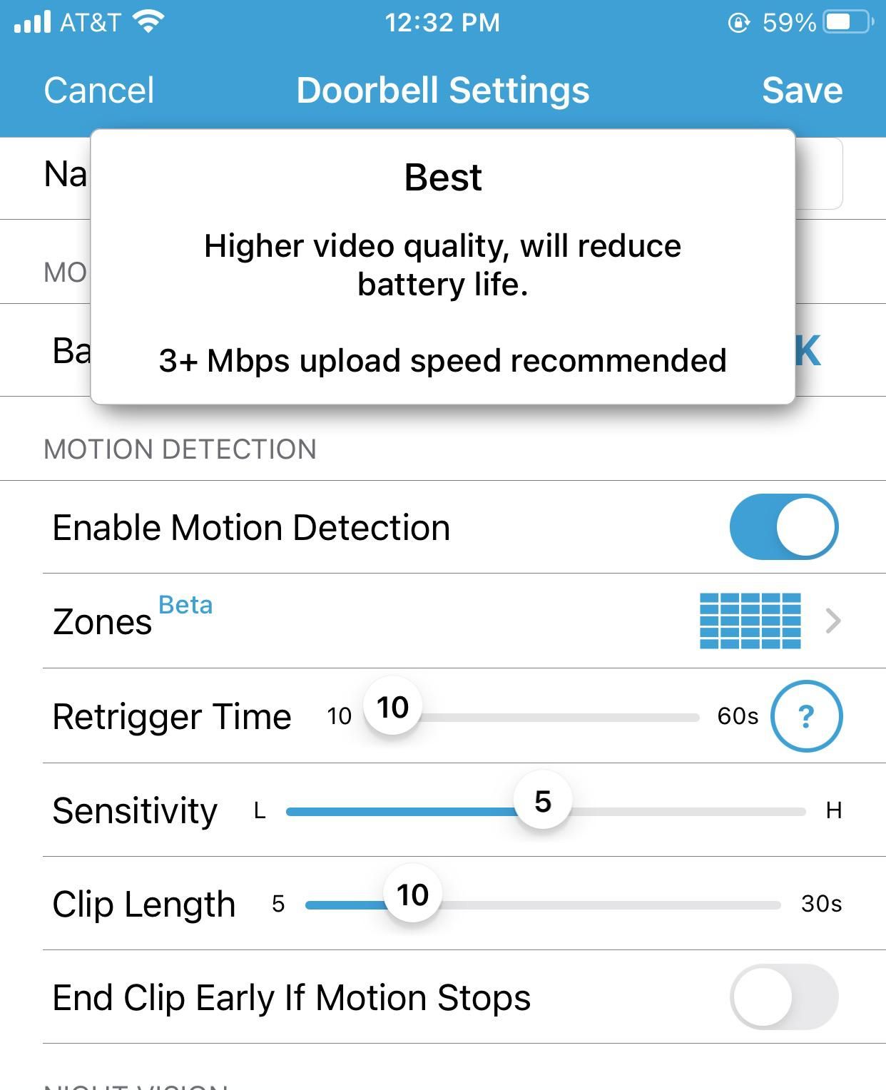A screenshot of setting up motion detection in Blink app for blink video doorbell