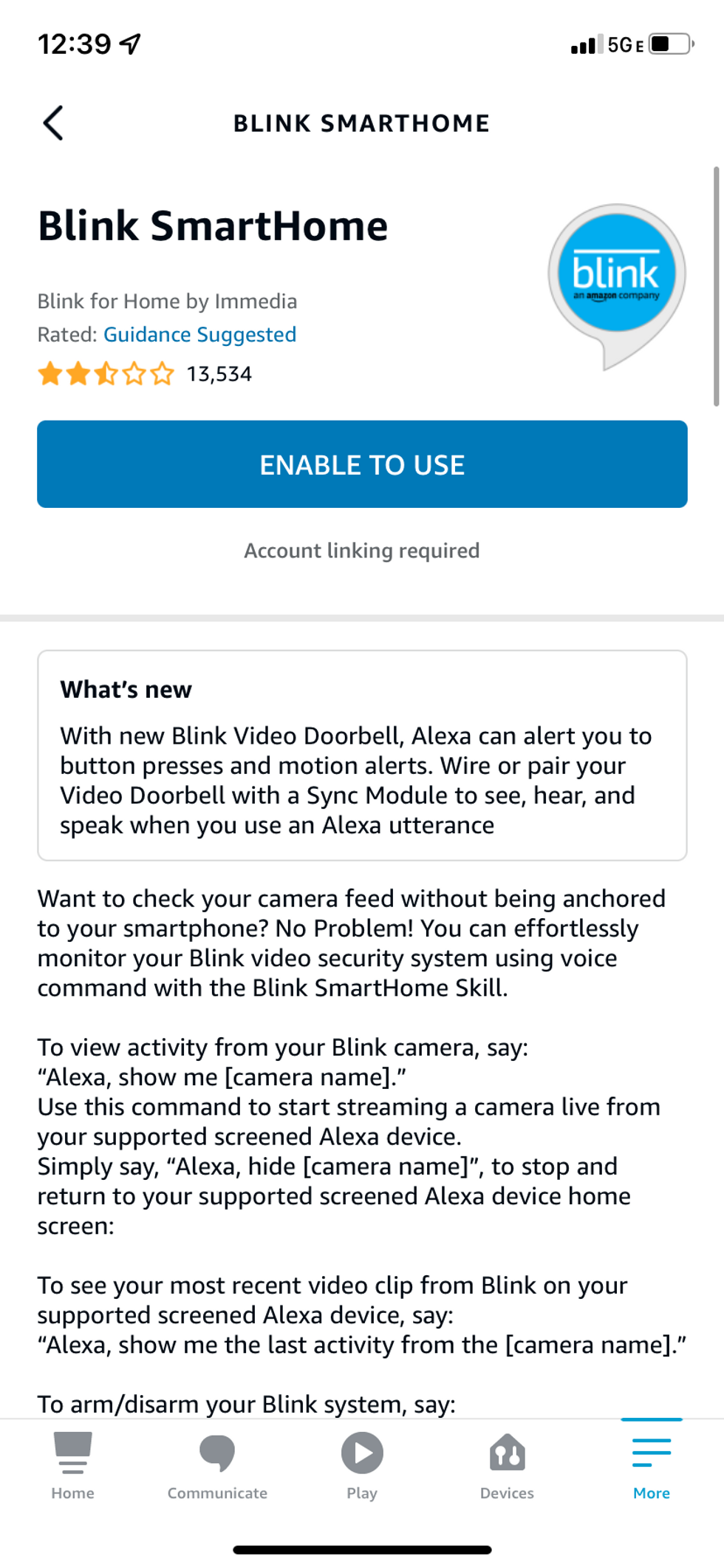 screenshot of enabling Alexa skill for Blink in Alexa app