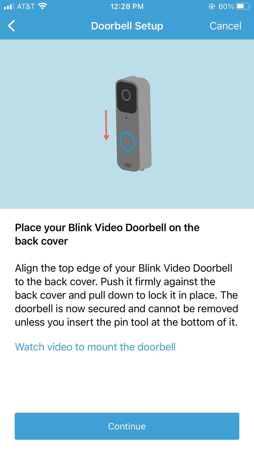 a screenshot of Blink app showing how to pull down Blink doorbell during installation