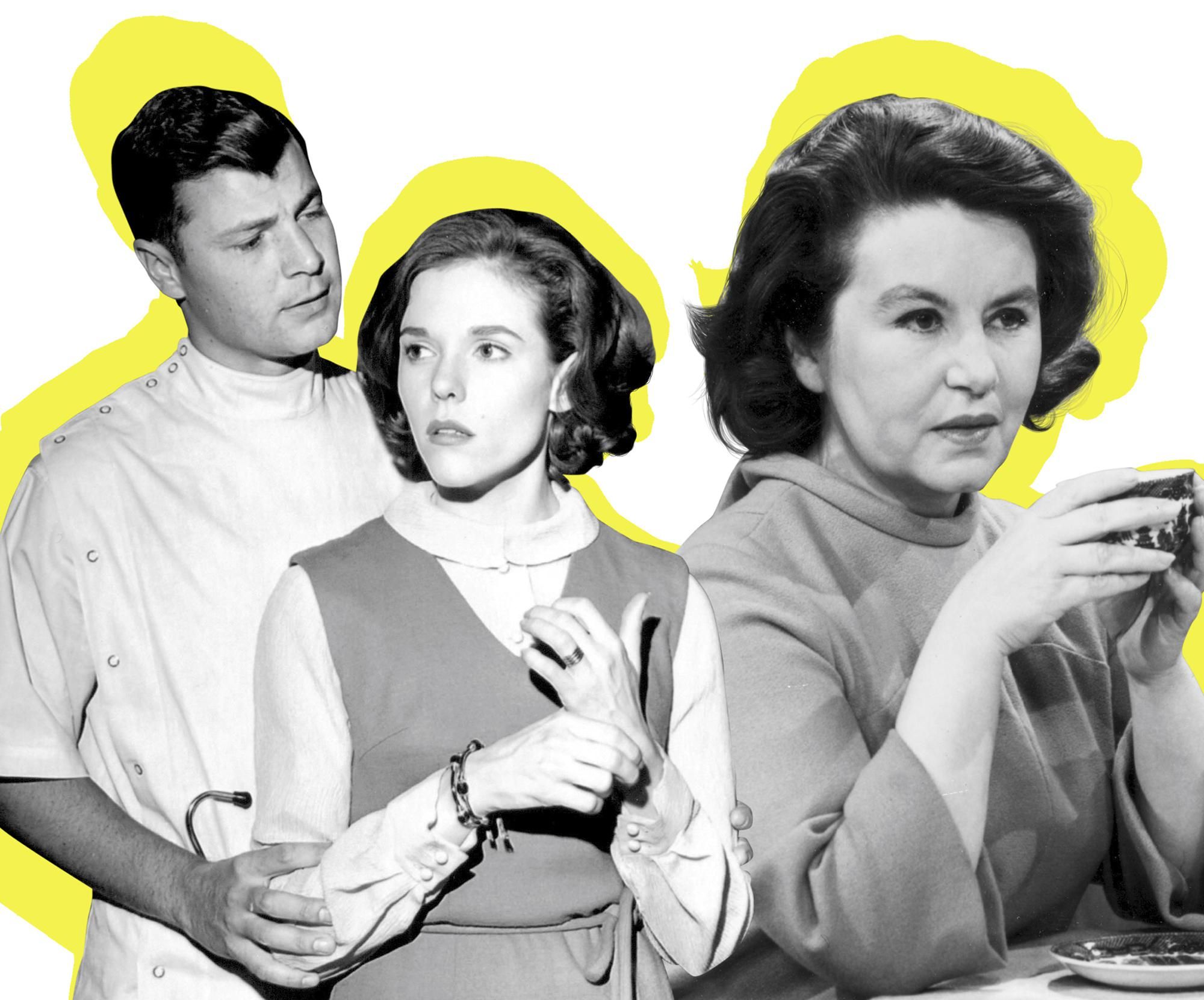 Stylized black and white image of Don Hastings from As The World Turns dressed as a doctor standing behind a worried Eileen Fulton next to Charita Bauer of The Guiding Light drinking tea