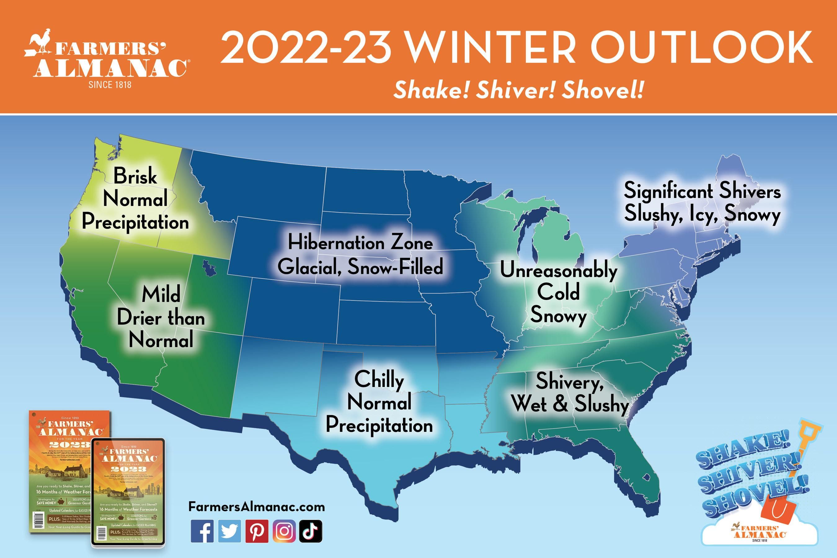 Map of the United States with regions designated for 2022 winter predictions. The Southeast is "Shivery, wet and slushy." Texas and surrounding states are "chilly, normal precipitation." Kentucky and parts of the Midwest are "unreasonably cold, snowy"