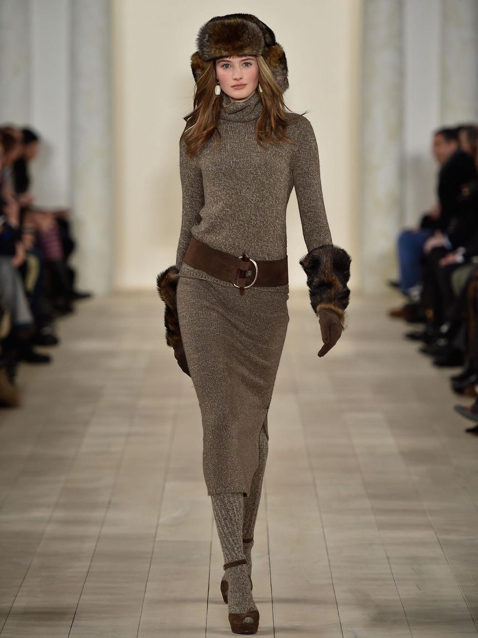 Ralph Lauren closed his runway show with this bronze georgette beaded  evening dress and furry accessories. - CultureMap Dallas