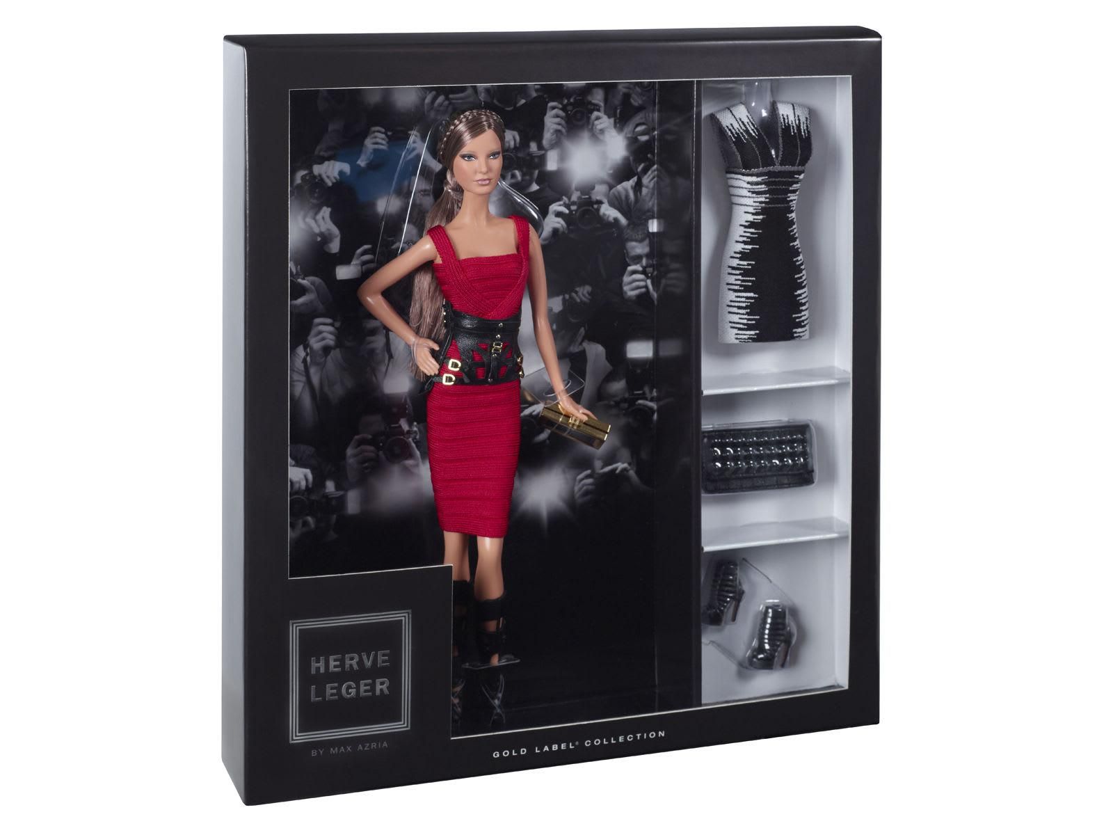 The Hervé Léger by Max Azria Barbie wears a scarlet bandage