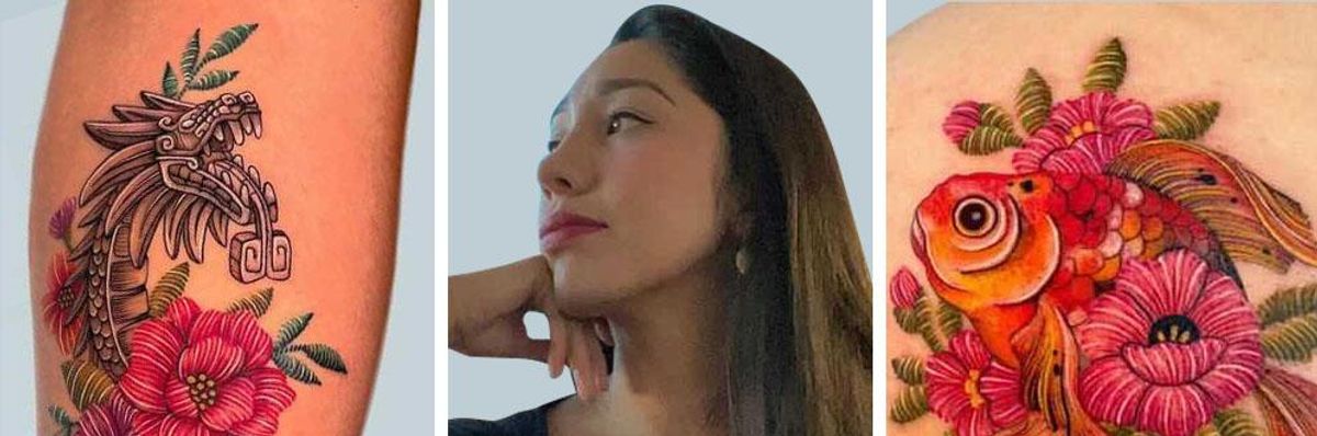 Pictured: Maria Ramirez tattoo designs and a picture of Maria Ramirez