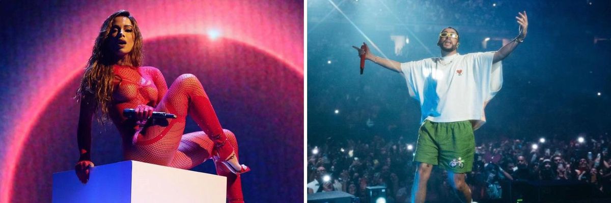 the artist Anitta sits on a white cube while performing and the artist Bad Bunny holds his arms out while performing on stage