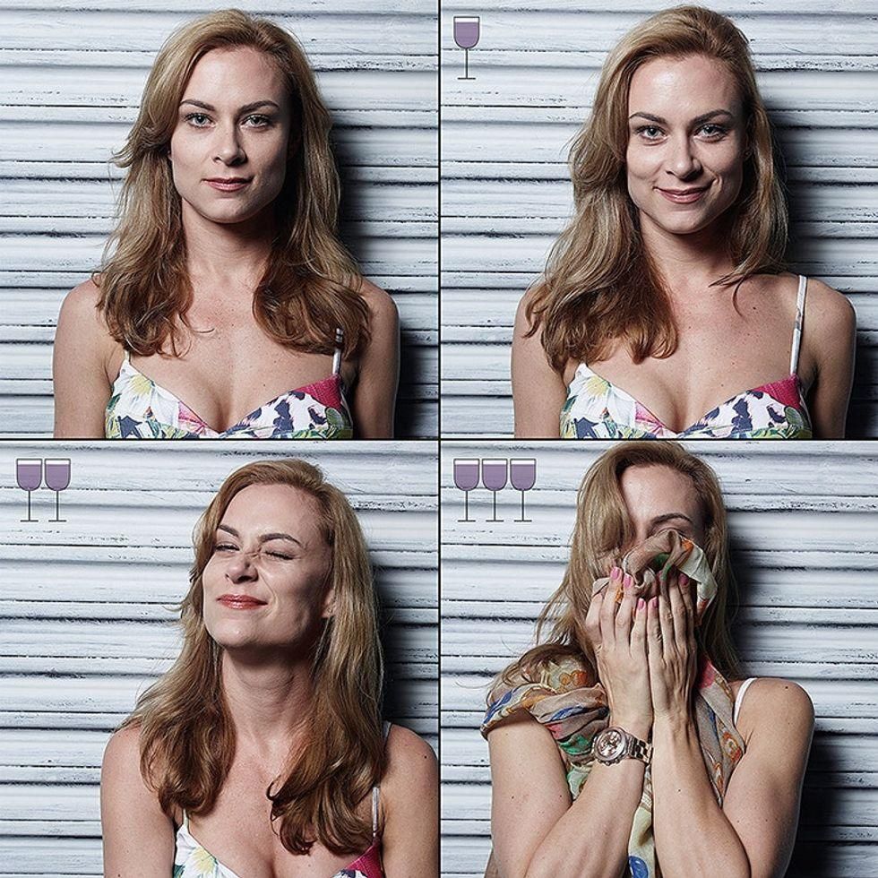 Photos of person after drinking glasses of win