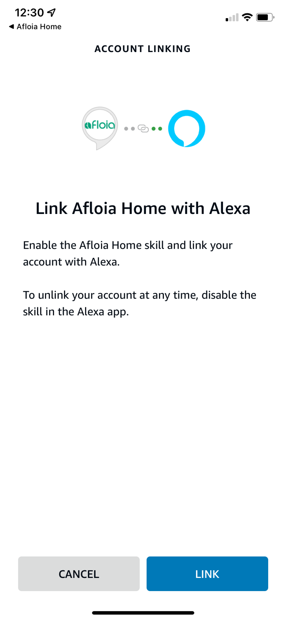 a screenshot of linking afloia app with amazon alexa app