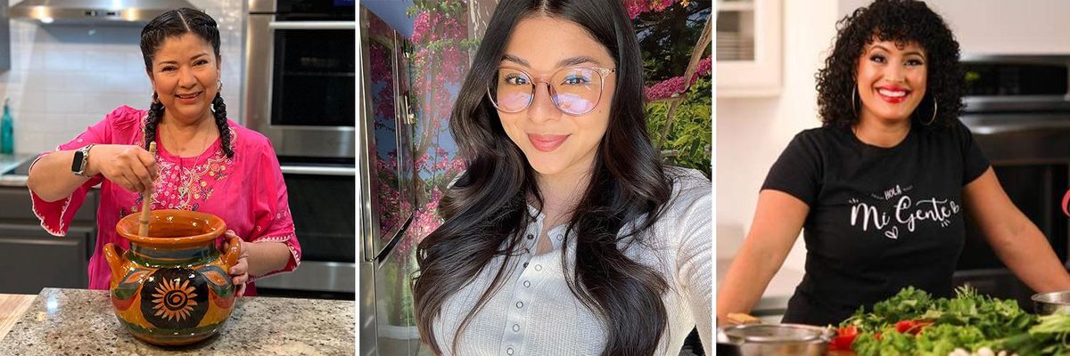 3 separate images of Latina women with brown hair in front of various backgrounds