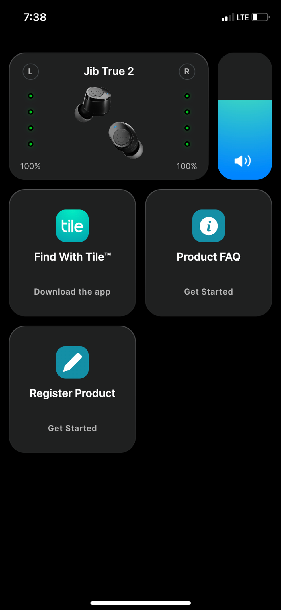 a screenshot of Skullcandy app showing power levels and Tile integration