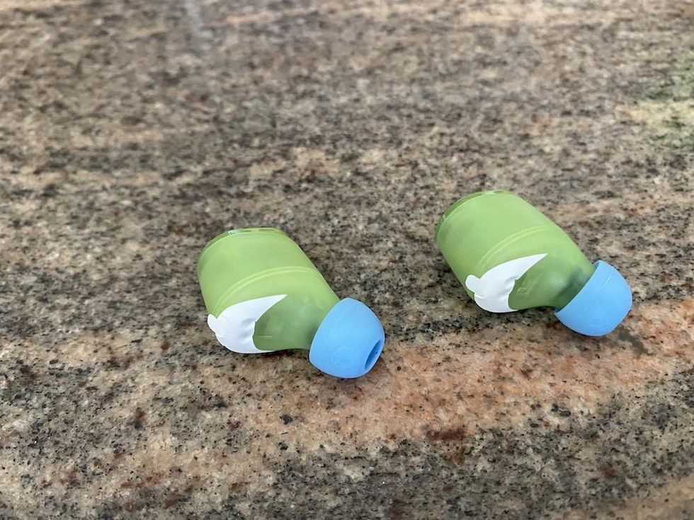 a photo of Skullcandy Transparency Series Jib True 2 earbuds with protective stickers still on.