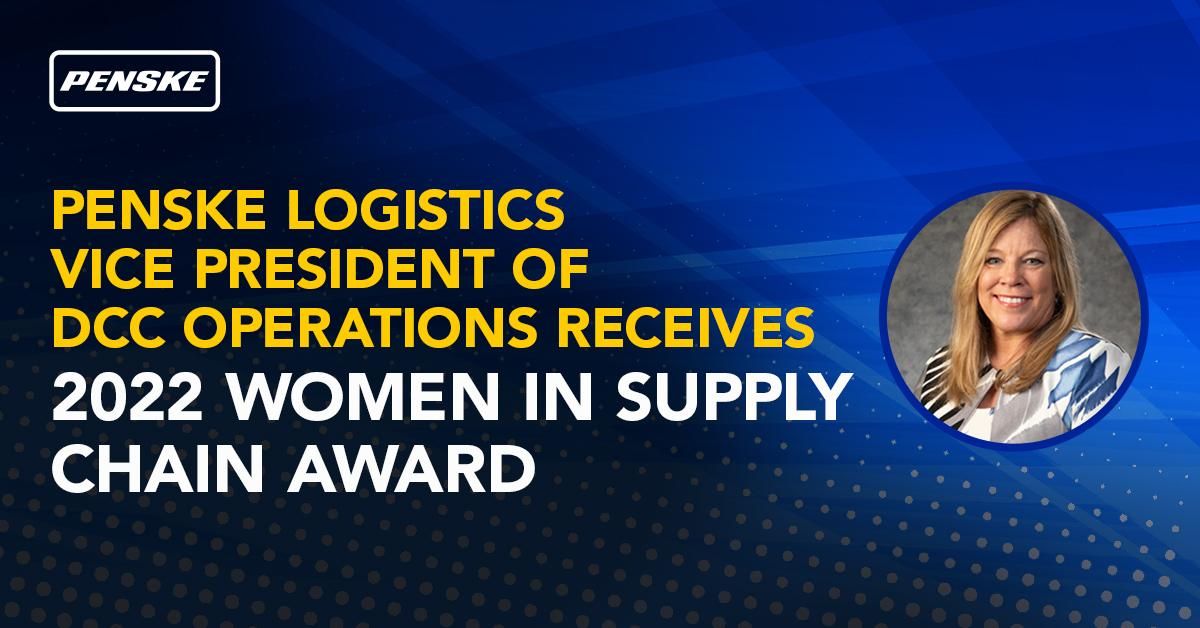 Graphic with headshot of Jamie Rigot plus text: "Penske Logistics Vice President of DCC Operations Receives 2022 Women in Supply Chain Award"