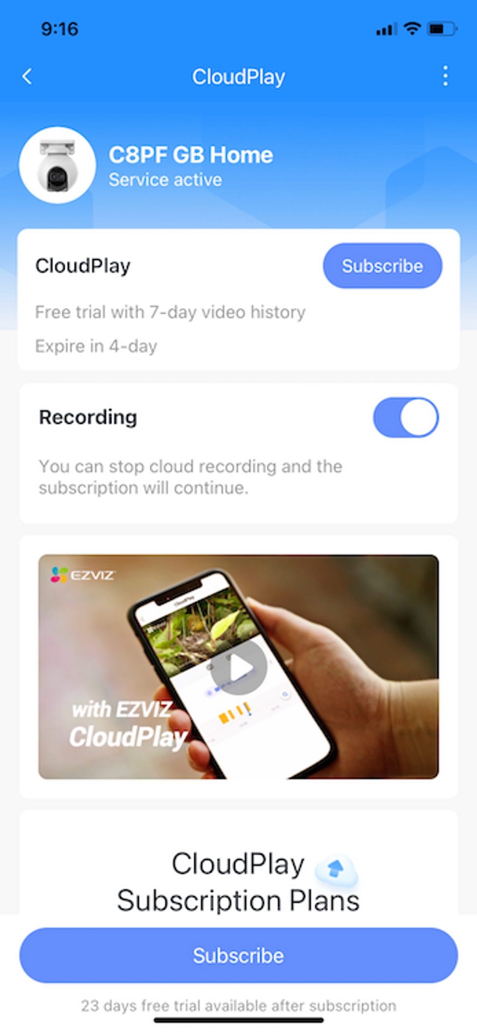 a screen shot of CloudPlay subscription plans in Ezviz app