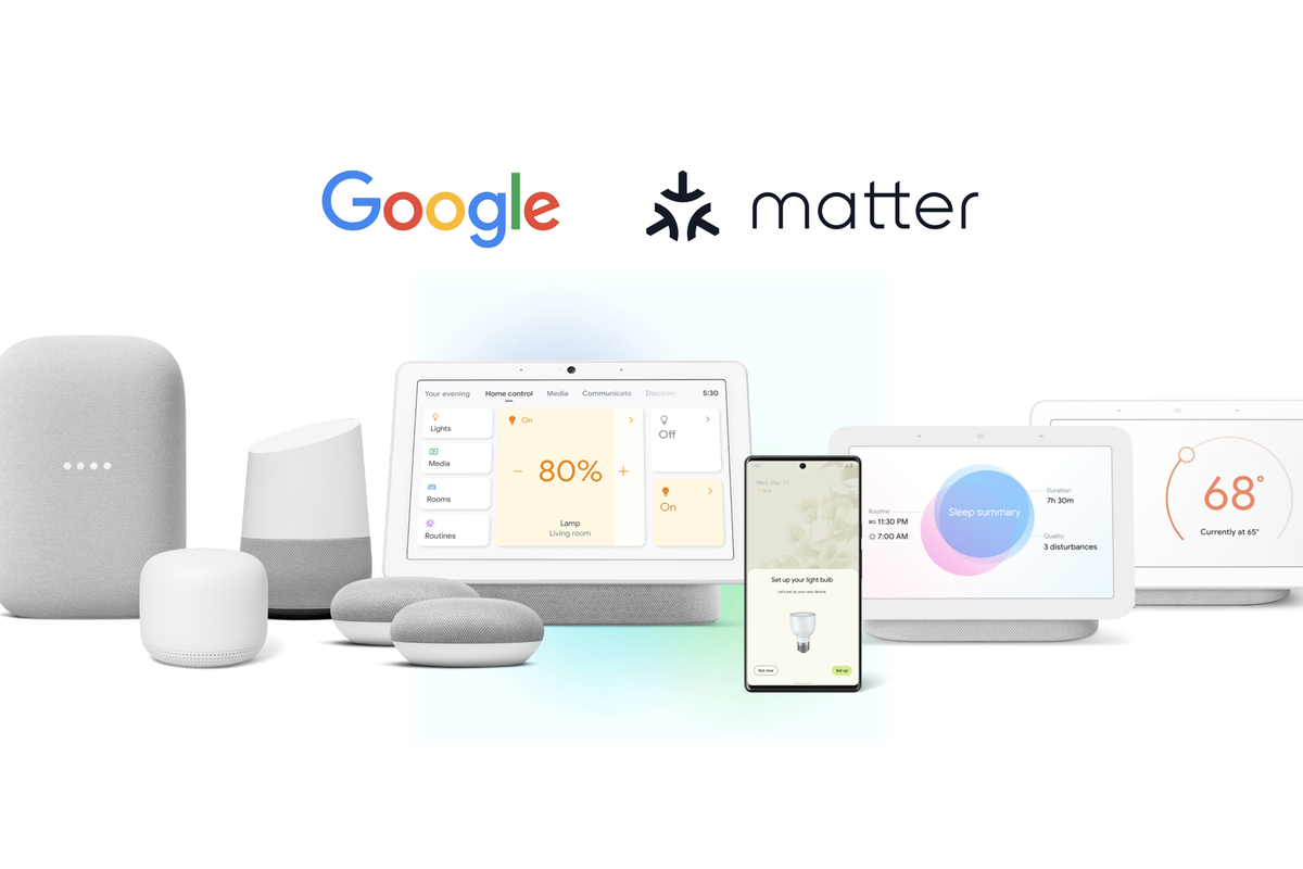 a photo of Google Assistant devices and Matter logo