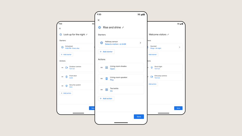 a photo of smartphones showing household routines in Google Home app