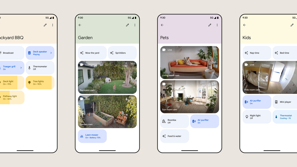 a photo of smartphones showing custom spaces in Google Home app
