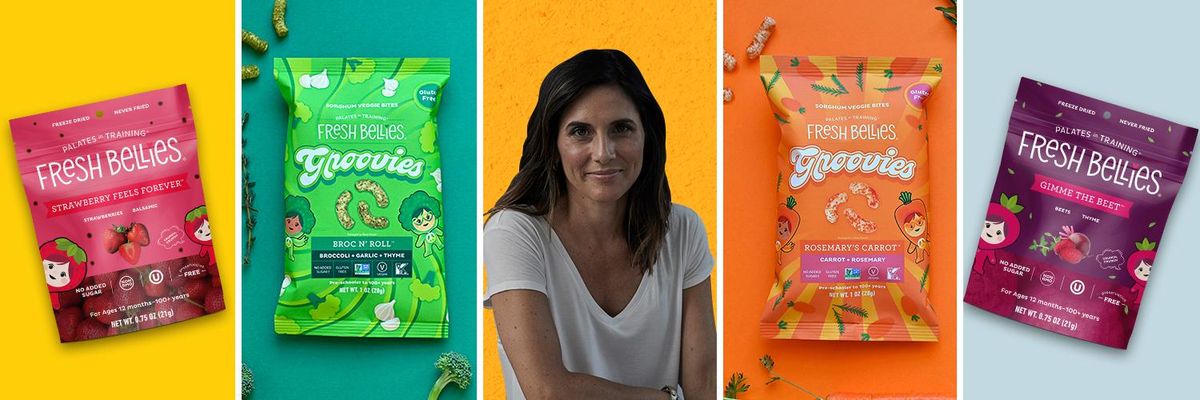 images of healthy snacks in their packages  with a woman in the center wearing a white shirt and looking at the camera