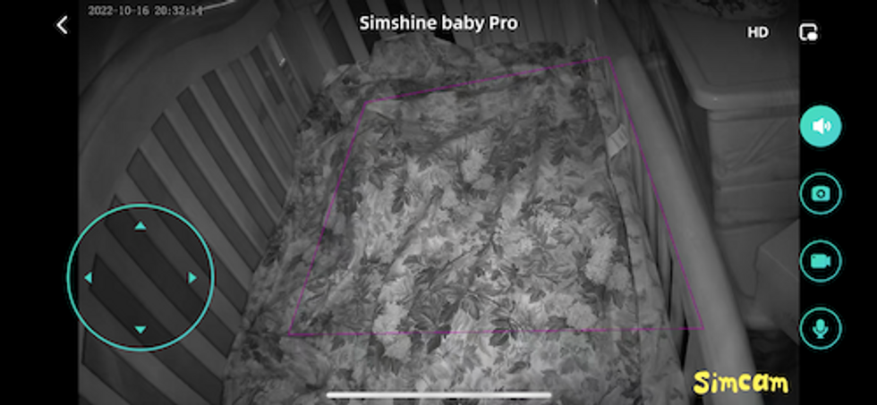 Screenshot of simhome app controls for Simshine baby pro monitor