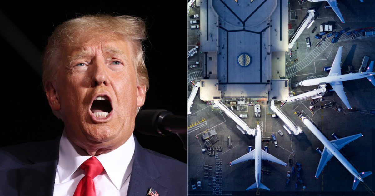 Donald Trump; airport terminal with jumbo jets viewed from above