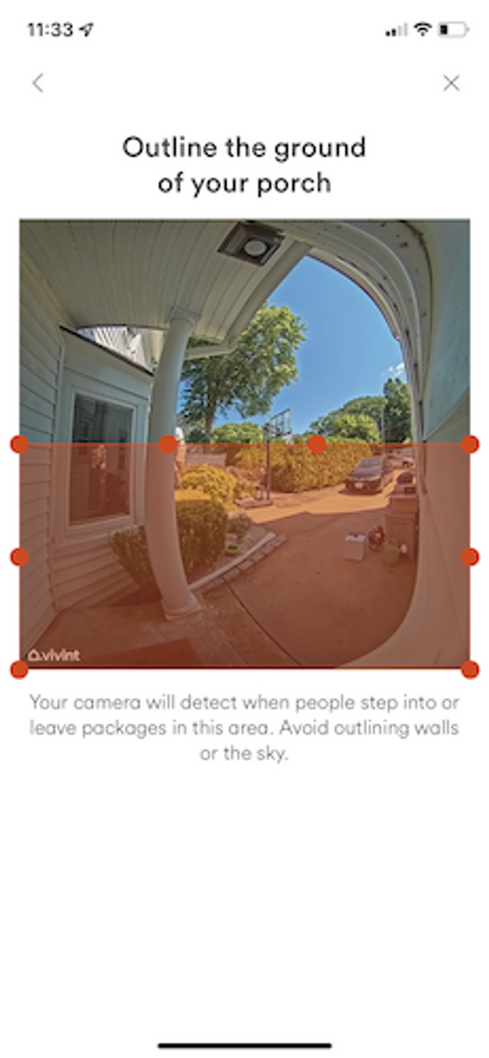 a screenshot of Vivint app showing how to set detection zones.