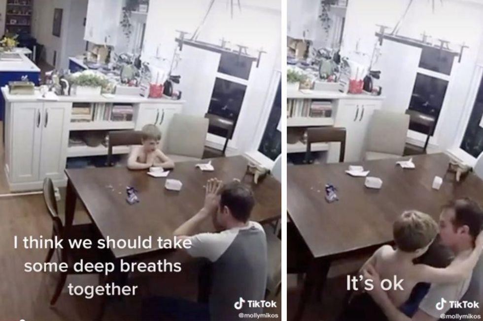 Compassionate interaction between a frazzled dad and his 6-year-old son has people in tears