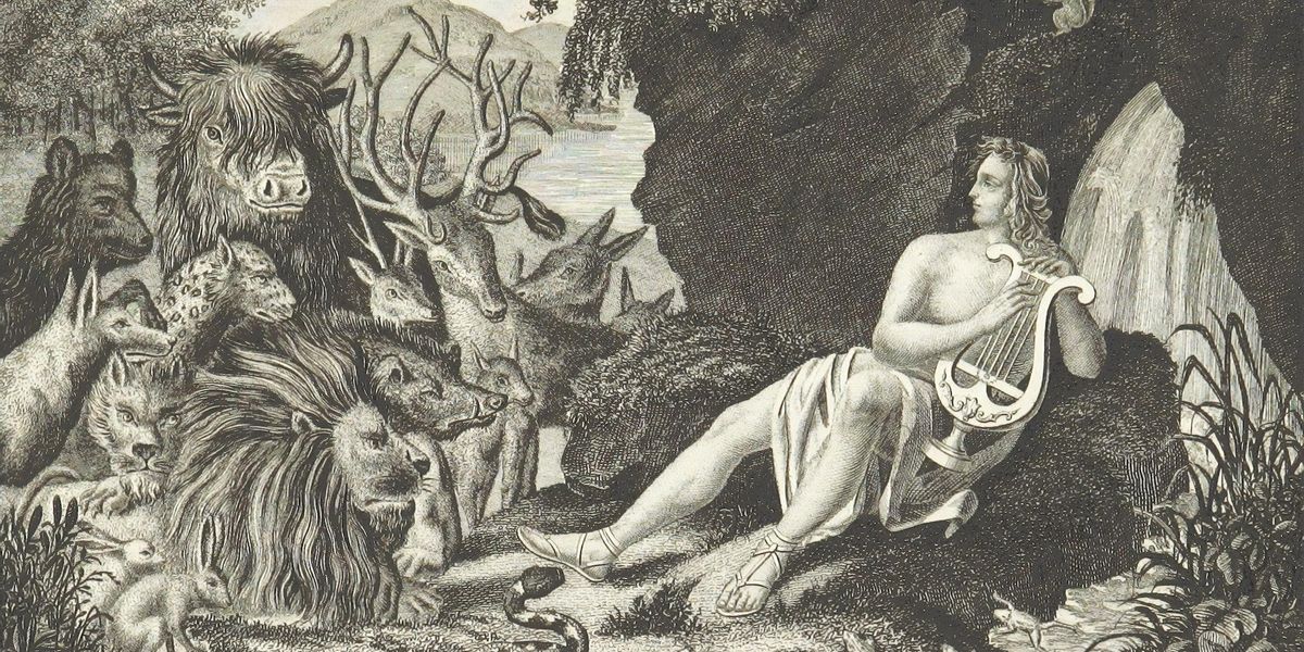 Drawing of man holding lyre looking at an array of animals 