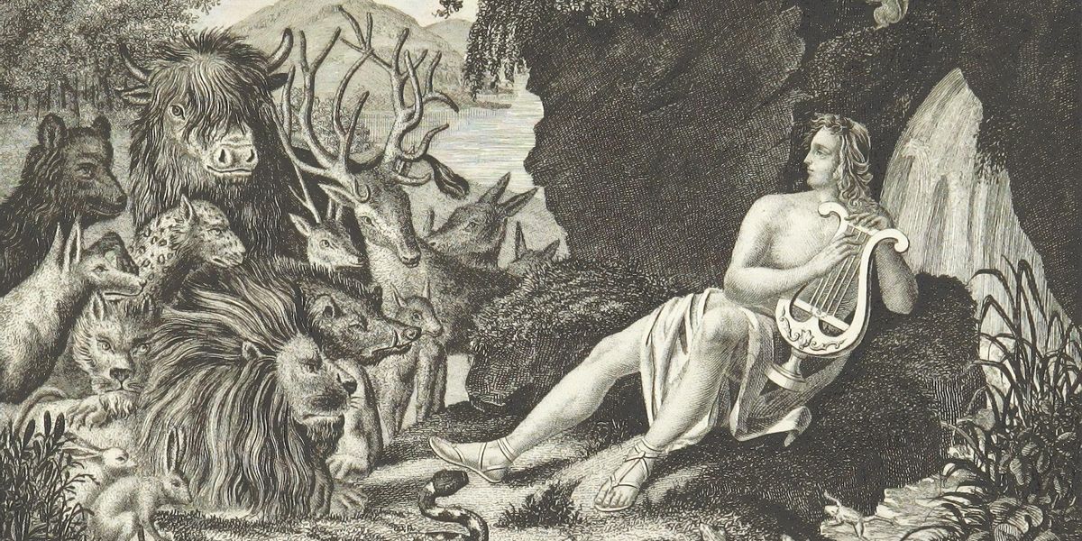 Drawing of man holding lyre looking at an array of animals