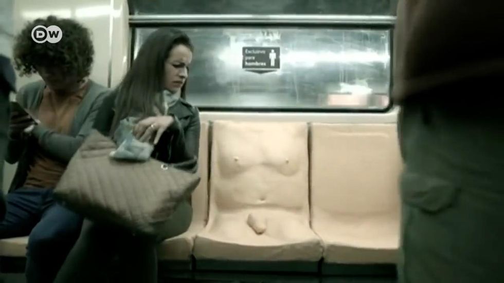 Bus seat shaped like a man's lap was installed to make a point about sexual harassment.