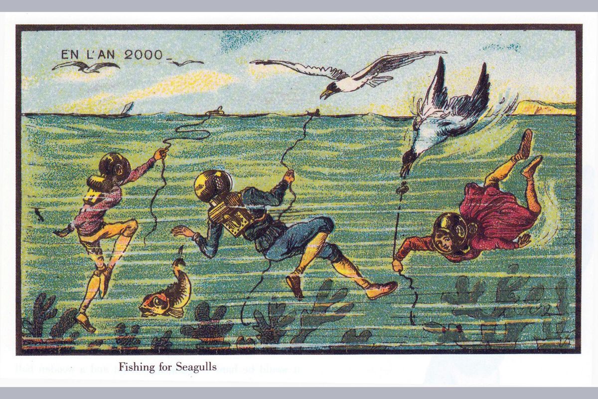 seagulls, divers, cartoon, 1900