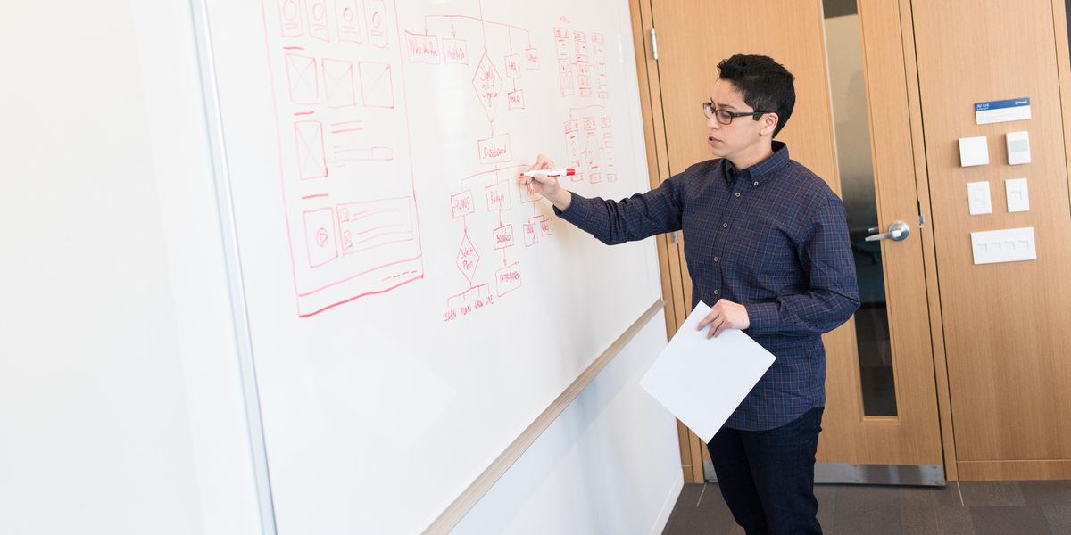 man in black dress shirt writing on dry-erase board