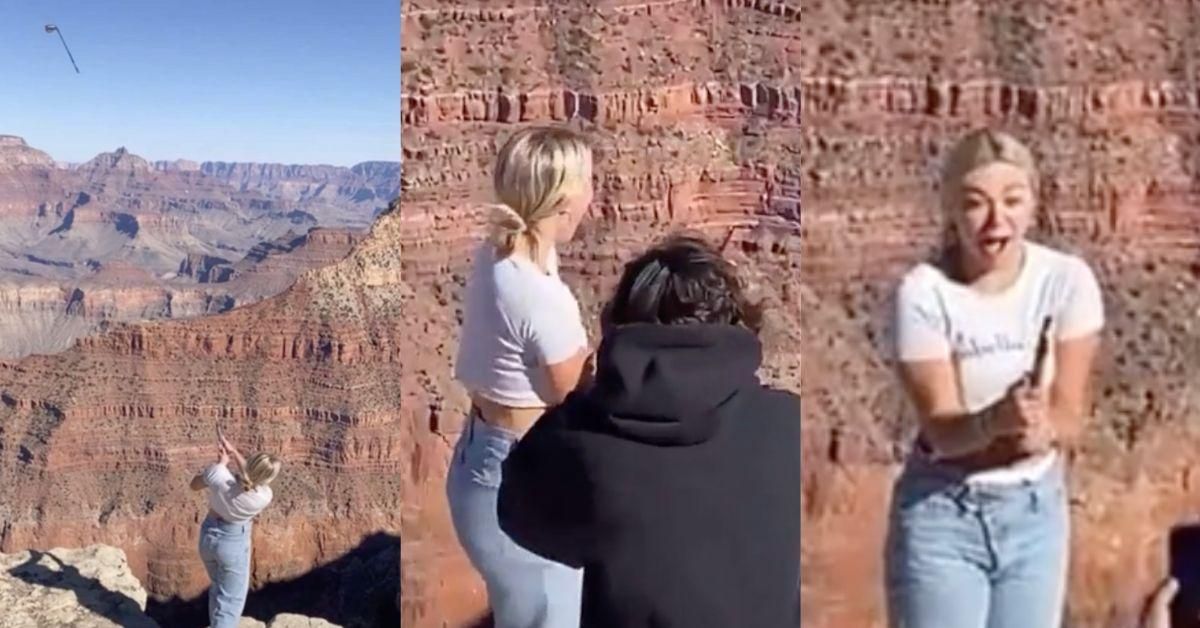 Influencer Katie Sigmond hitting a golf ball into the Grand Canyon