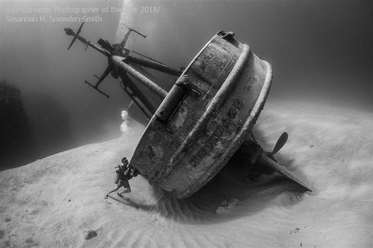 wreckage, sea diving, scuba, black and white photography