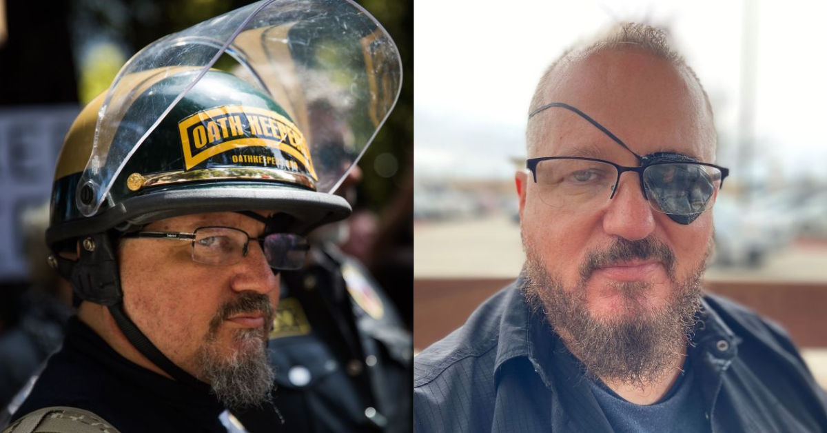 Oath Keepers founder Stewart Rhodes at a Trump MAGA rally in 2017 and on video chat in 2021