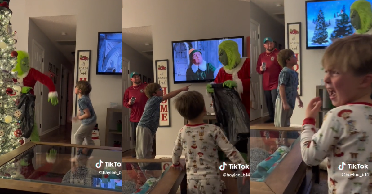 TikTok video of Grinch terrorizing @haylee_b14's kids as prank