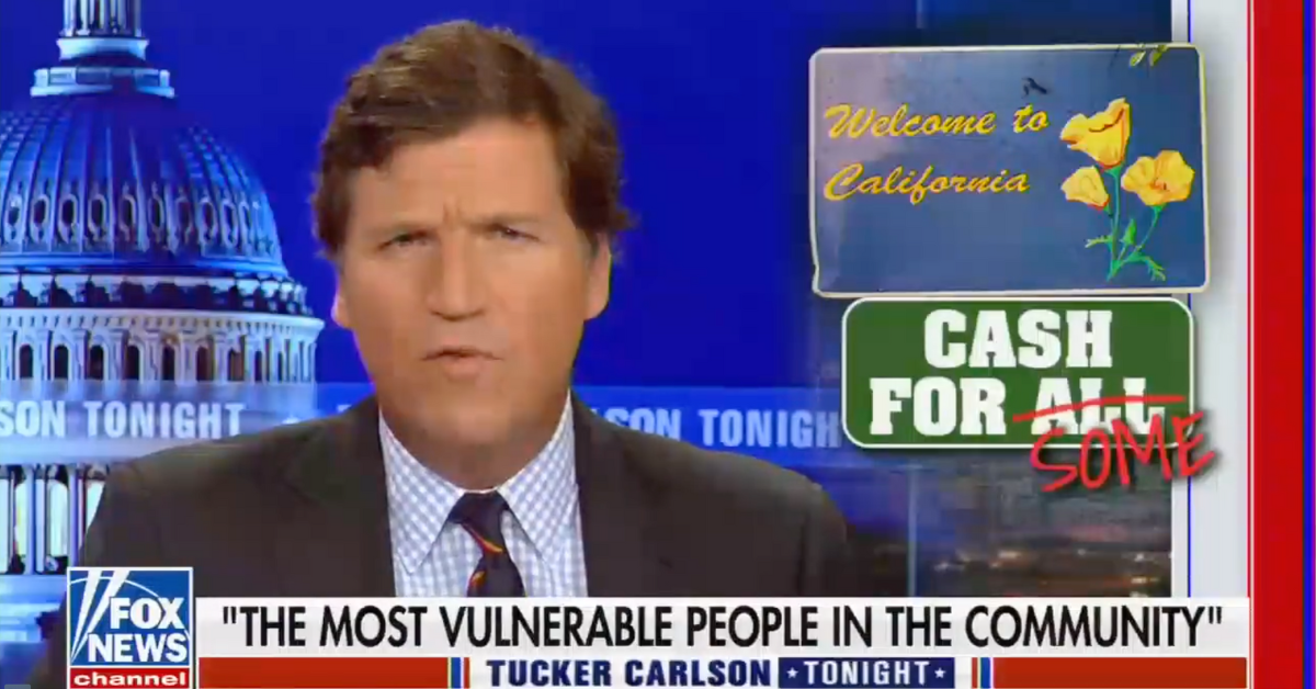 Fox News screenshot of Tucker Carlson discussing reparations on his program
