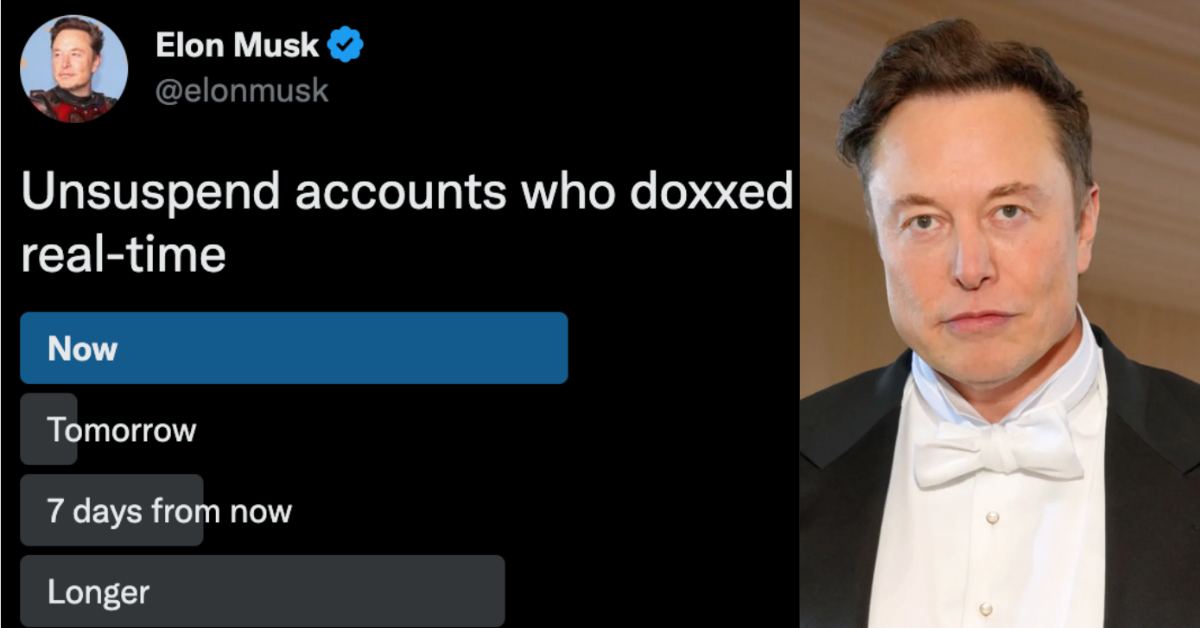 Twitter screenshot of Elon Musk's first Twitter poll; Elon Musk