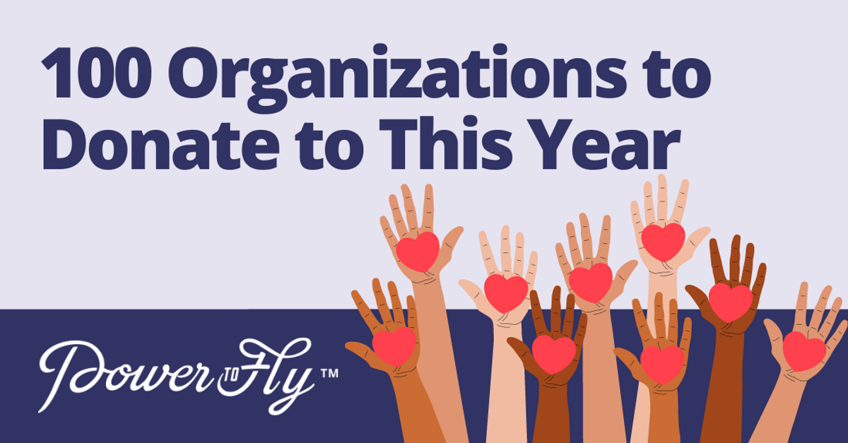Purple text that reads 100 organizations to donate to this year with the image of raised hands that have hearts in the palm