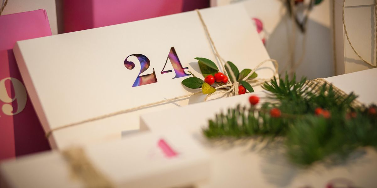 white and purple cardboard box
