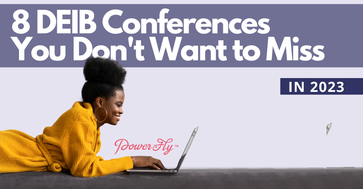 White text that reads 8 DEIB Conferences you don't want to miss in 2023 with a woman laying down, typing on her computer inside a purple square
