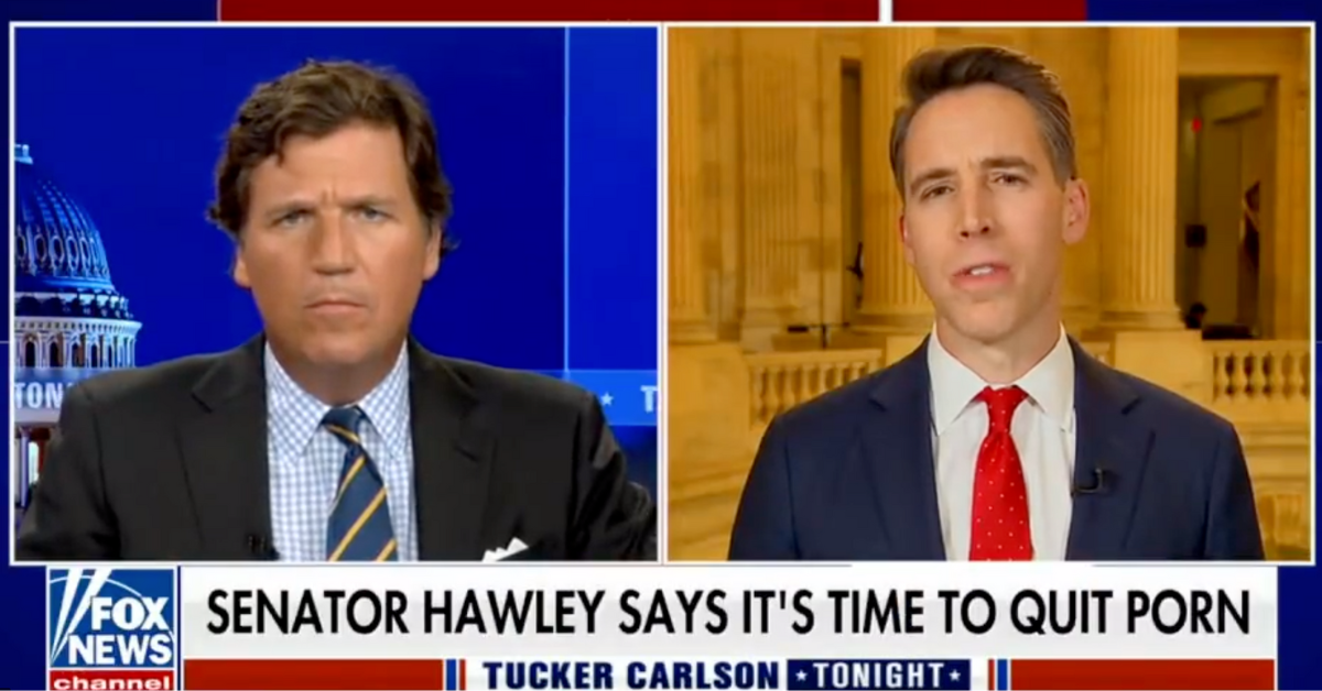 Fox News screenshot of Tucker Carlson and Josh Hawley during Hawley's appearance