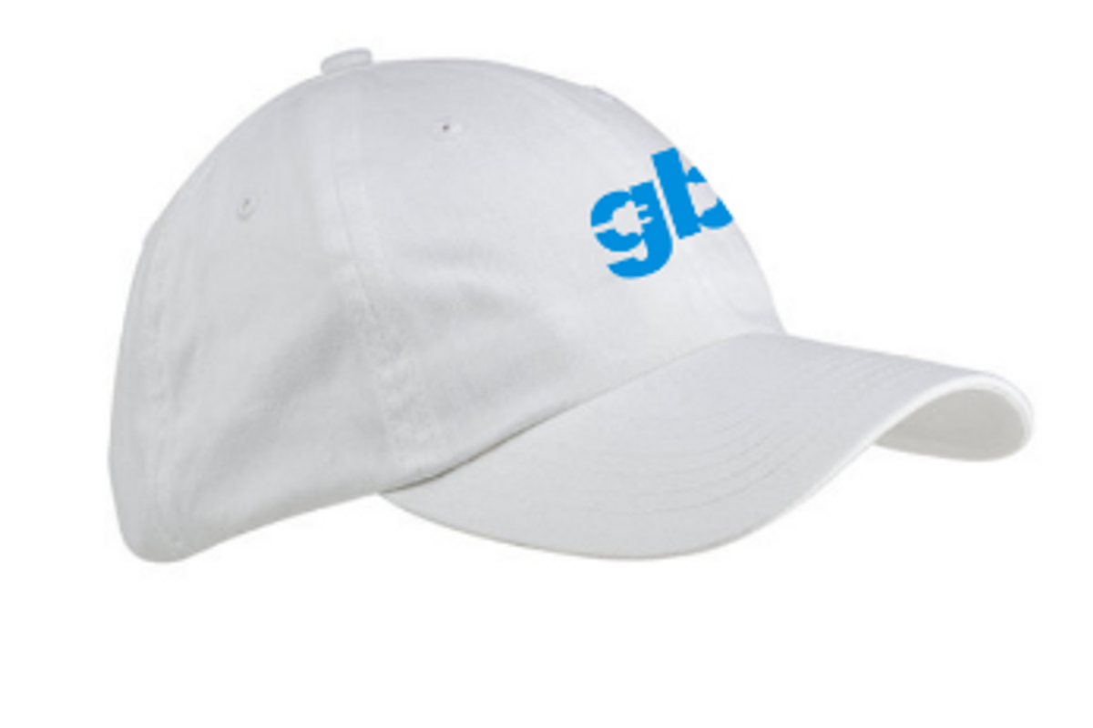 a photo of a white GearBrain baseball cap