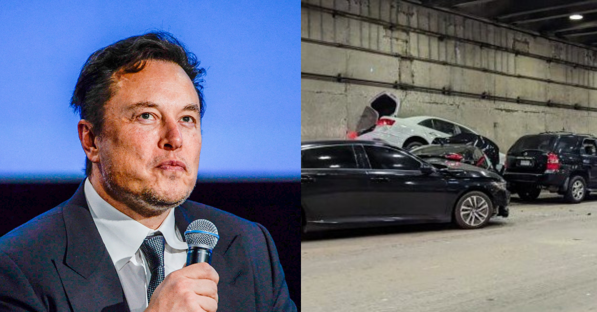 Elon Musk; screenshot of Tesla involved accident in Bay Bridge tunnel in San Francisco, California