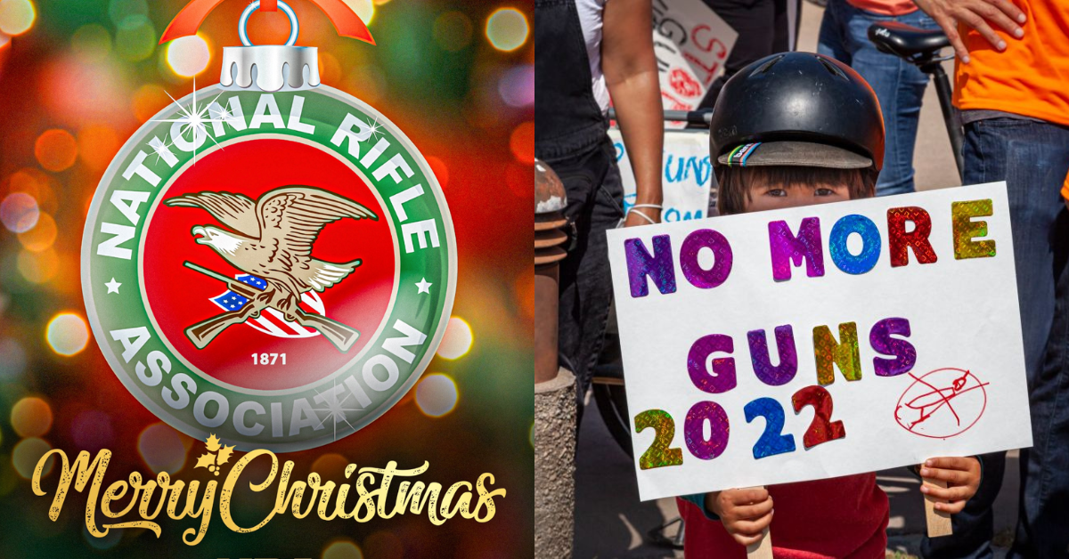 Twitter screenshot of the NRA's Christmas post; A gun violence protest in Culver City, California earlier in 2022