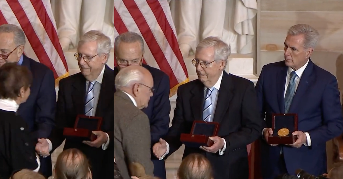 C-SPAN screenshots of Mitch McConnell and Kevin McCarthy being snubbed at Congressional Gold Medal ceremony