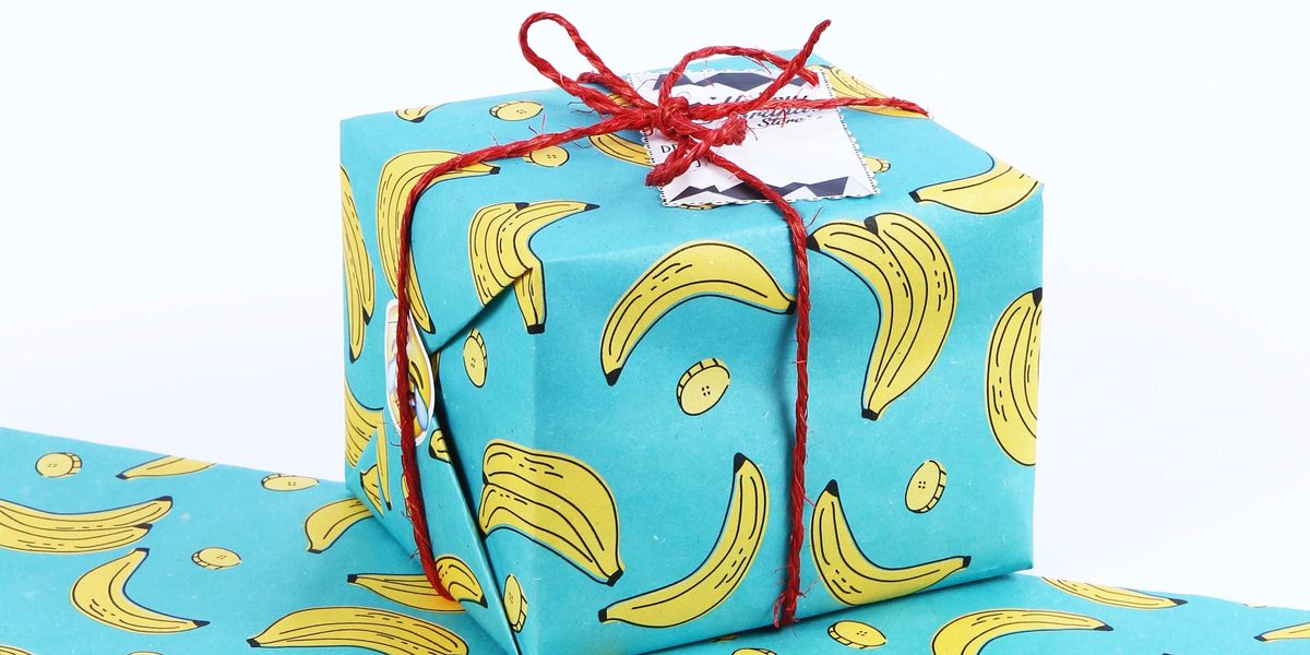 gift in banana print wrapping paper